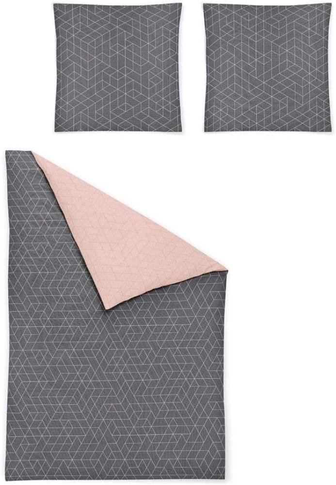 Irisette Mako Satin Bettwäsche 155x220 2tlg grau rosa | Bettwäsche-Set aus 100% Baumwolle | 2 teilige Wende-Bettwäsche 155x220 cm & Kissen 80x80 cm | Geometrisches Muster Bild 1