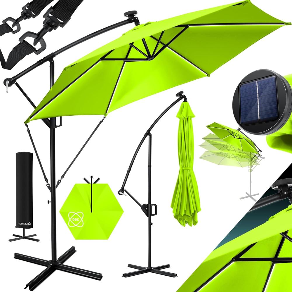 KESSER® Alu Ampelschirm LED Solar + Abdeckung mit Kurbelvorrichtung UV-Schutz Aluminium mit An-/Ausschalter Wasserabweisend - Sonnenschirm Schirm Gartenschirm 300cm, Hellgrün Bild 1