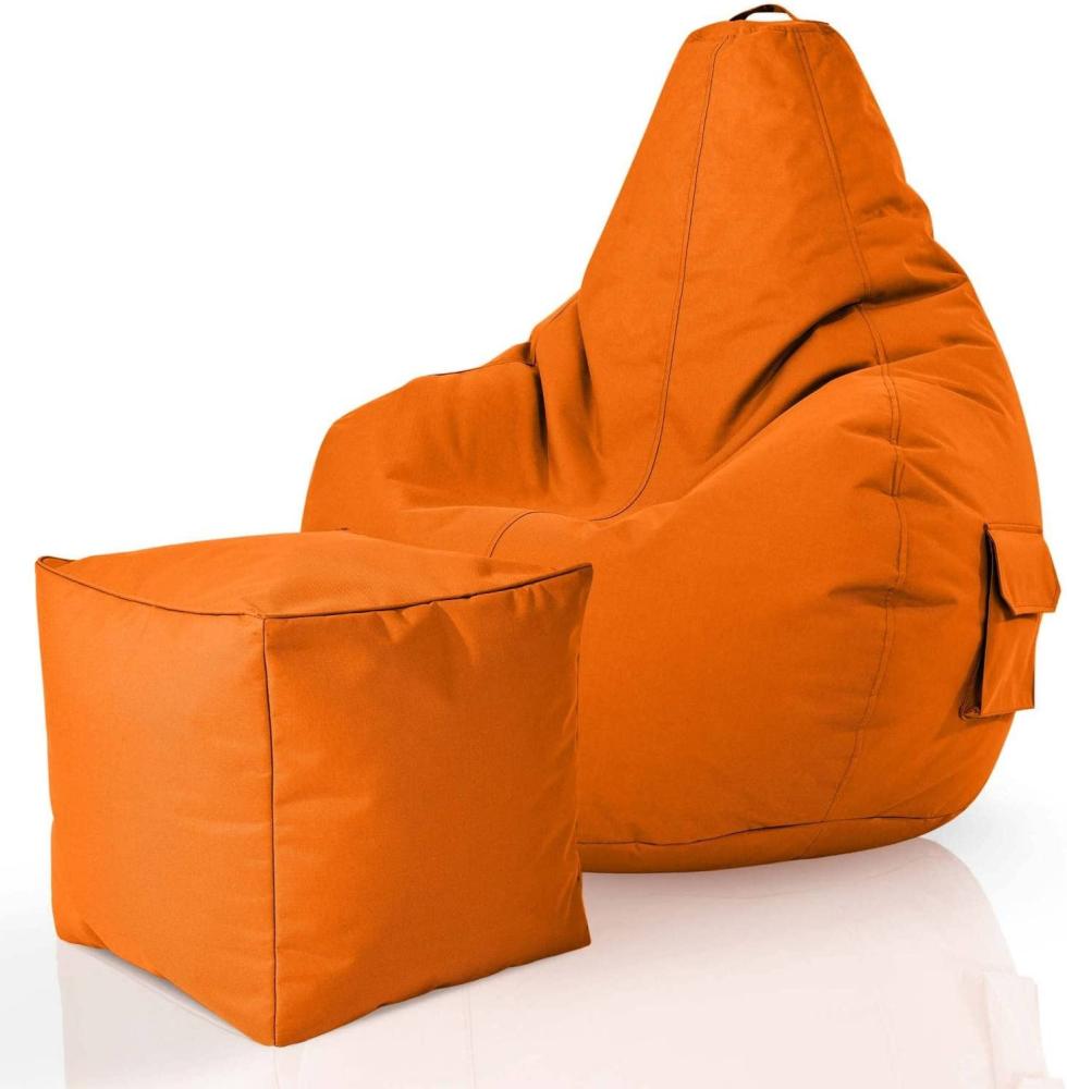 Green Bean© 2er Set Sitzsack + Hocker "Cozy+Cube" - fertig befüllt - Bean Bag Bodenkissen Lounge Sitzhocker Gamingstuhl Pouf - Orange Bild 1