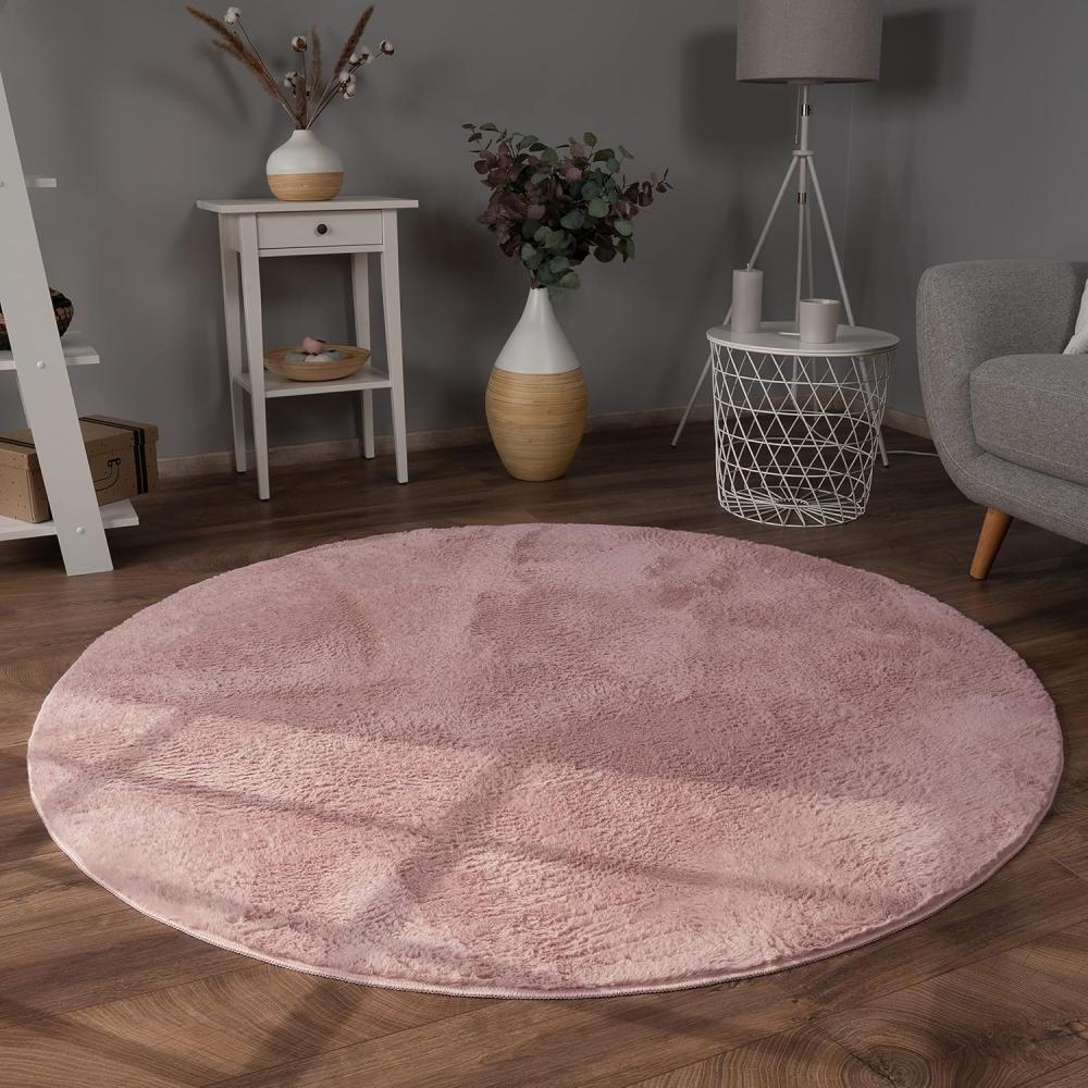 Paco Home Hochflor Teppich Wohnzimmer Flauschig Fellteppich Kunstfell Plüsch Shaggy Weich Fellimitat, Grösse:160 cm Rund, Farbe:Pink Bild 1