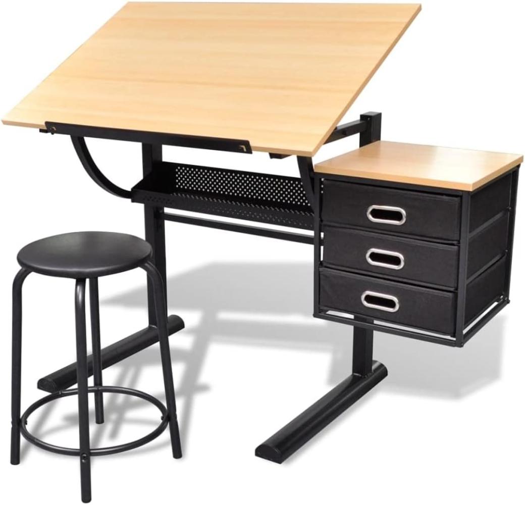 Zeichentisch mit neigbarer Tischplatte und drei Schubladen, Hocker, MDF/ Eisen, 119,5 x 60 x 77,5 cm Bild 1