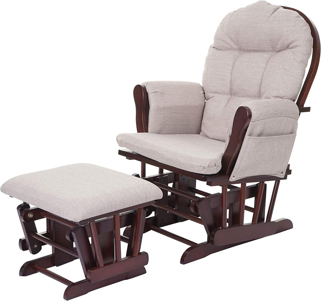 Relaxsessel HWC-C76, Schaukelstuhl Sessel Schwingstuhl mit Hocker ~ Stoff/Textil, creme-grau, Gestell braun Bild 1