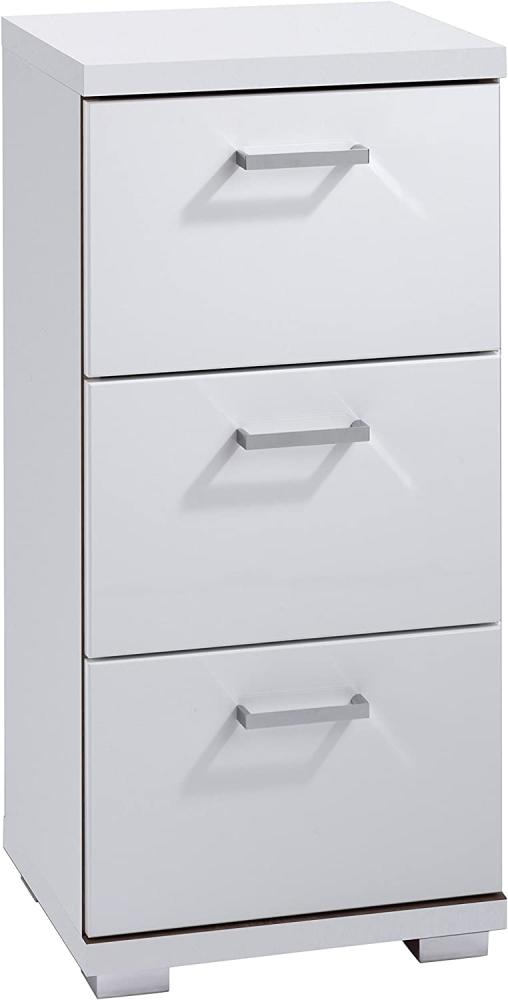 HOMEXPERTS Badezimmer Seitenschrank NUSA in Hochglanz weiß lackiert / kleiner Badschrank mit 3 Schubladen und silberfarbenen Griffen / 35. 5 x 31. 5 x 74 cm (B x T x H) Bild 1
