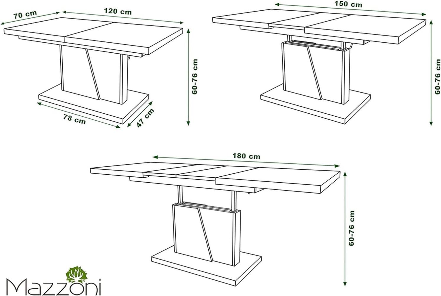 Mazzoni Design Couchtisch Tisch Grand Noir stufenlos höhenverstellbar ausziehbar 120 bis 180cm Esstisch (Nussbaum/Weiß matt) Bild 1