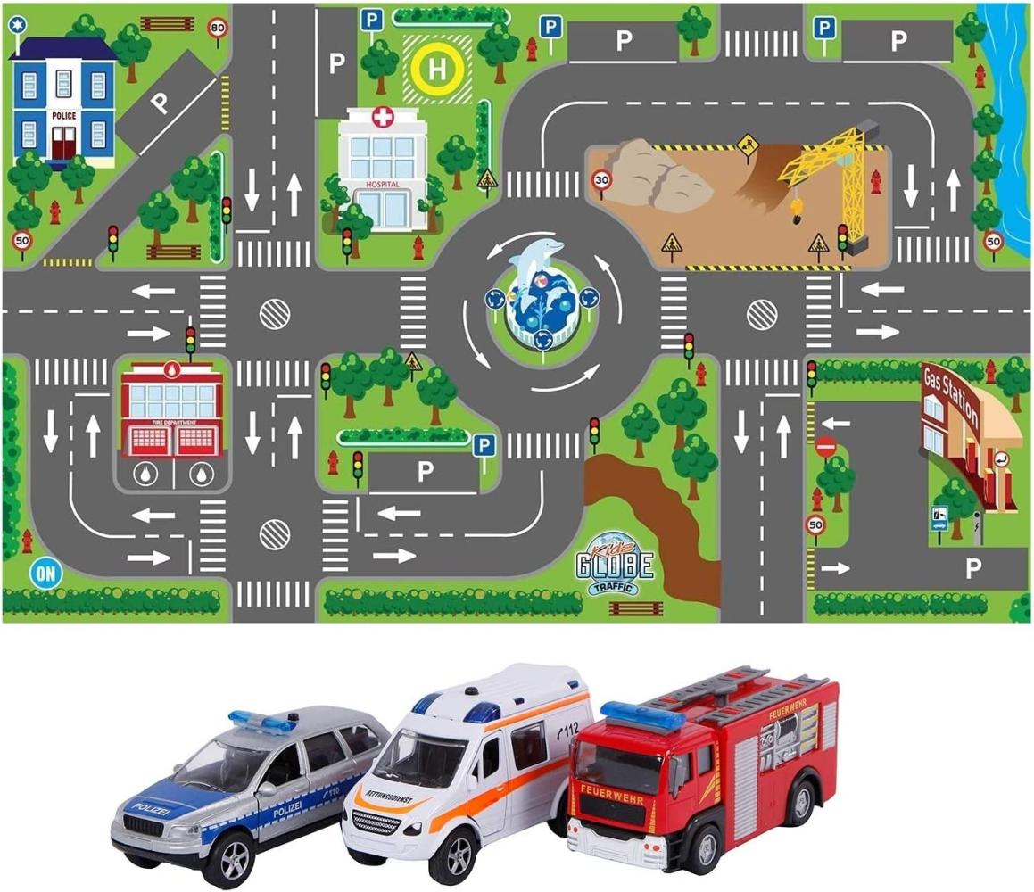 Kinder Spielteppich mit Autos + LED-Ampeln, Feuerwehrauto Polizeiauto Notarzt Bild 1