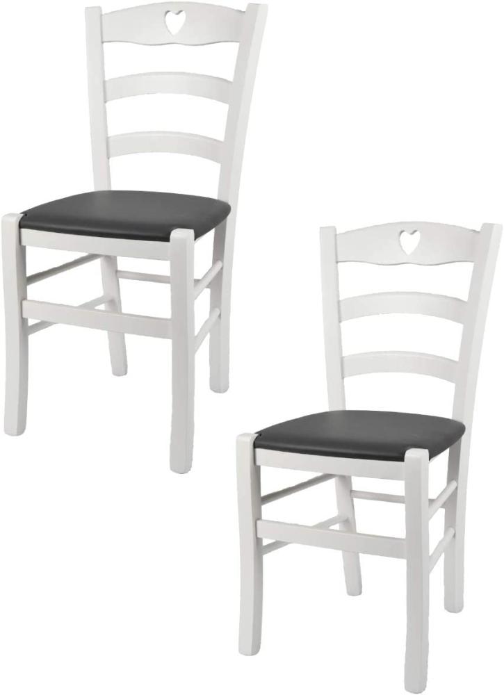 Tommychairs - 2er Set Stühle Cuore für Küche und Esszimmer, Robuste Struktur aus Buchenholz, deckend Weiss lackiert und gepolsterte Sitzfläche mit Kunstleder in der Farbe Dunkelgrau bezogen Bild 1