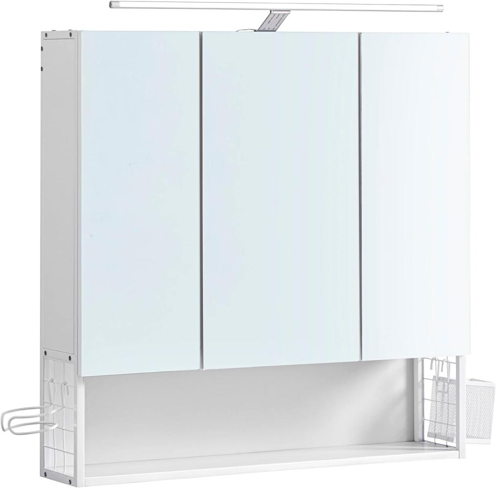 VASAGLE Spiegelschrank Bad mit Beleuchtung, Badezimmerschrank, integriertes Kabel, Spiegelschrank, Badschrank, Wandschrank, höhenverstellbare Ablage, 3 Türe, modern, weiß BBK124W14 Bild 1