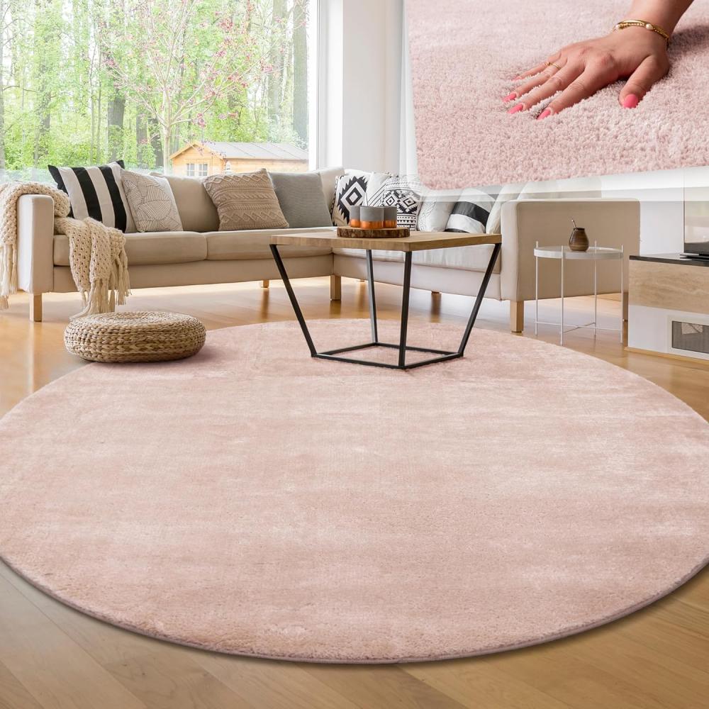 Paco Home Waschbarer Teppich Wohnzimmer Schlafzimmer Kurzflor rutschfest Flauschig Weich Moderne Einfarbige Muster, Grösse:120 cm Rund, Farbe:Rosa Bild 1