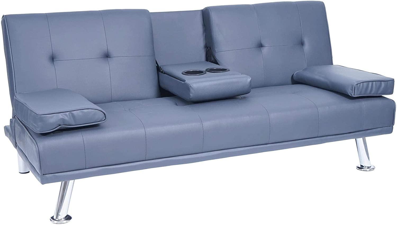 3er-Sofa HWC-F60, Couch Schlafsofa Gästebett, Tassenhalter verstellbar 97x166cm ~ Kunstleder, dunkelblau Bild 1
