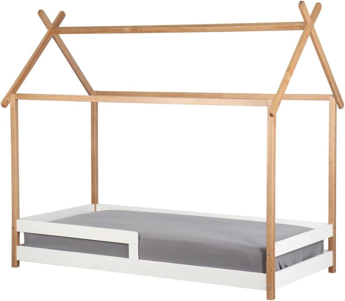 Möbilia Bett Bett für Kinder, Hausform, 90x200 cm Kiefer L = 204 x B = 117 x H = 180 cm natur/weiß Bild 1