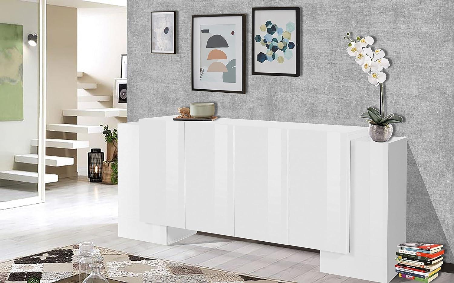 Dmora Modernes 6-türiges Sideboard, Made in Italy, Küchen-Sideboard, Wohnzimmer-Design-Buffet, 210x45h85 cm, glänzend weiße Farbe Bild 1