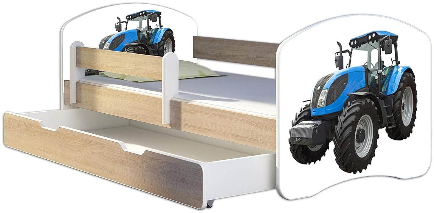 Kinderbett Jugendbett mit einer Schublade und Matratze Sonoma mit Rausfallschutz Lattenrost ACMA II 140x70 160x80 180x80 (42 Traktor, 140x70 + Bettkasten) Bild 1