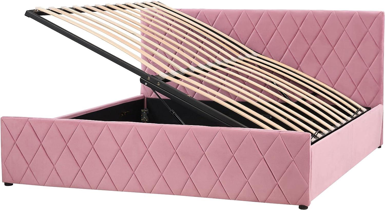 Bett Samtstoff rosa Lattenrost Bettkasten hochklappbar 180 x 200 cm ROCHEFORT Bild 1