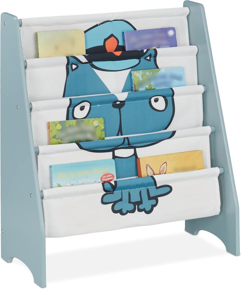 Relaxdays Bücherregal Kinder, HBT: 71 x 61,5 x 30 cm, Kinderbücherregal mit Hundemotiv, 4 Fächer, MDF & Stoff, blau/weiß Bild 1