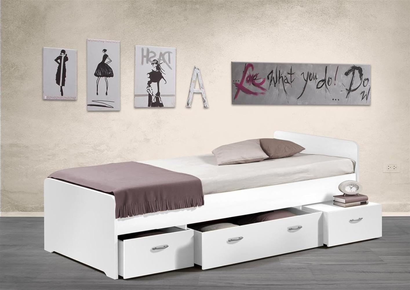Bradford Modernes Einzelbett mit 3X Schubkästen 90 x 200 cm - Praktisches Jugendzimmer Kojenbett in Weiß - 95 x 66 x 204 cm (B/H/T) Bild 1