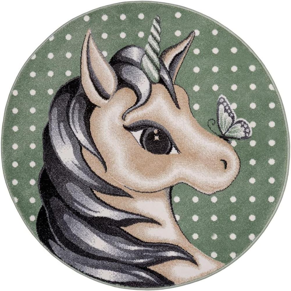 Kurzflor Kinderteppich Cute Unicorn Pastellgrün Mehrfarbig - 133 cm Durchmesser Bild 1