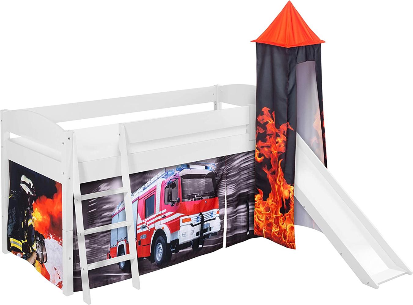 Lilokids 'Ida 4105' Spielbett 90 x 200 cm, Feuerwehr, Kiefer massiv, mit Turm, Rutsche und Vorhang Bild 1