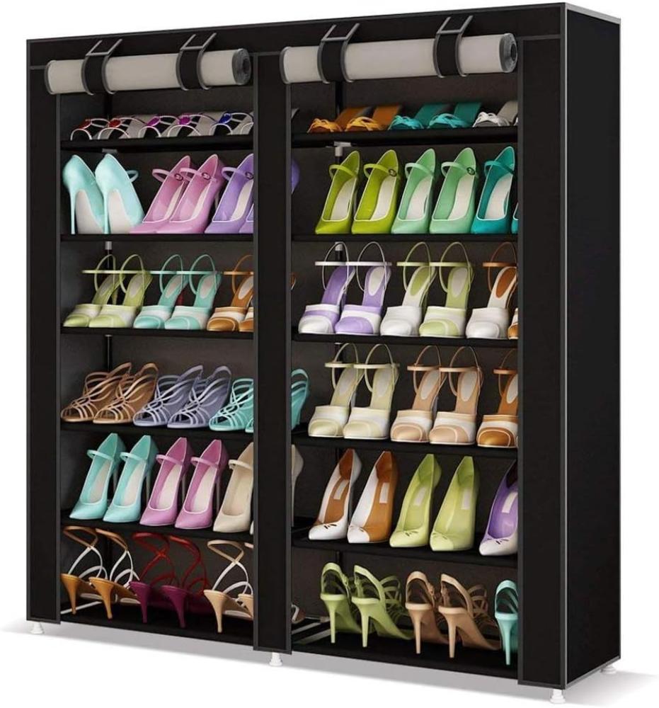 BAKAJI Platzsparender Schuhschrank, 7 Einlegeböden, 115 x 30 x 110 cm, bis zu 36 Paar Schuhe, Gestell aus Stahl und Bezug aus TNT-Stoff, wasserdicht, mit Reißverschluss, staubdicht, (schwarz) Bild 1