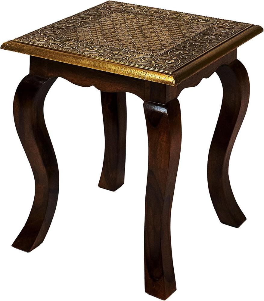 Marokkanischer Beistelltisch Couchtisch aus Holz massiv Anum 40 cm | Vintage Tisch aus Massivholz mit Messing verziert für Ihre Wohnzimmer | Niedriger Orientalischer Sofatisch Massivholztisch Braun Bild 1