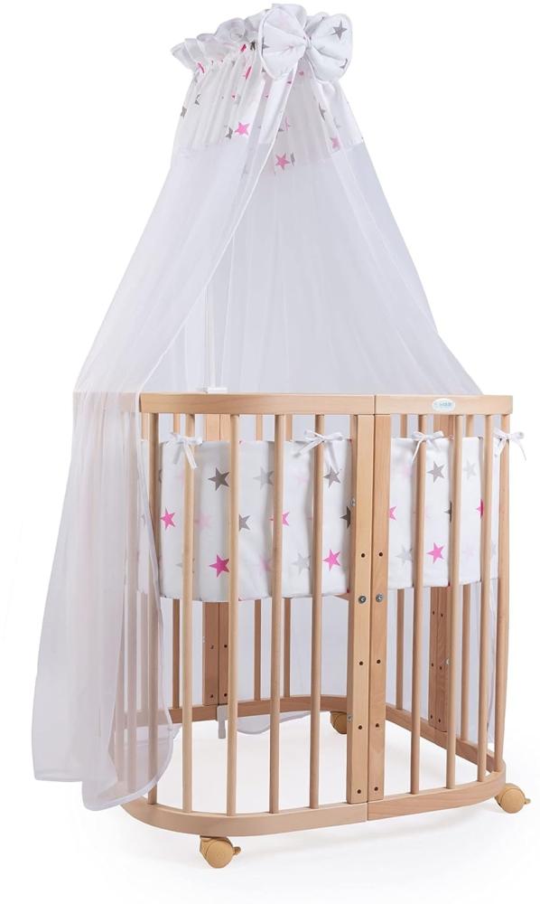 Waldin® Babybett aus Holz 7in1 mit Matratze, mitwachsendes Kinder-Bett, belüftet, Boden 5-fach verstellbar, All-Inclusive-Set Holz natur, Stoffe Sterne pink Bild 1