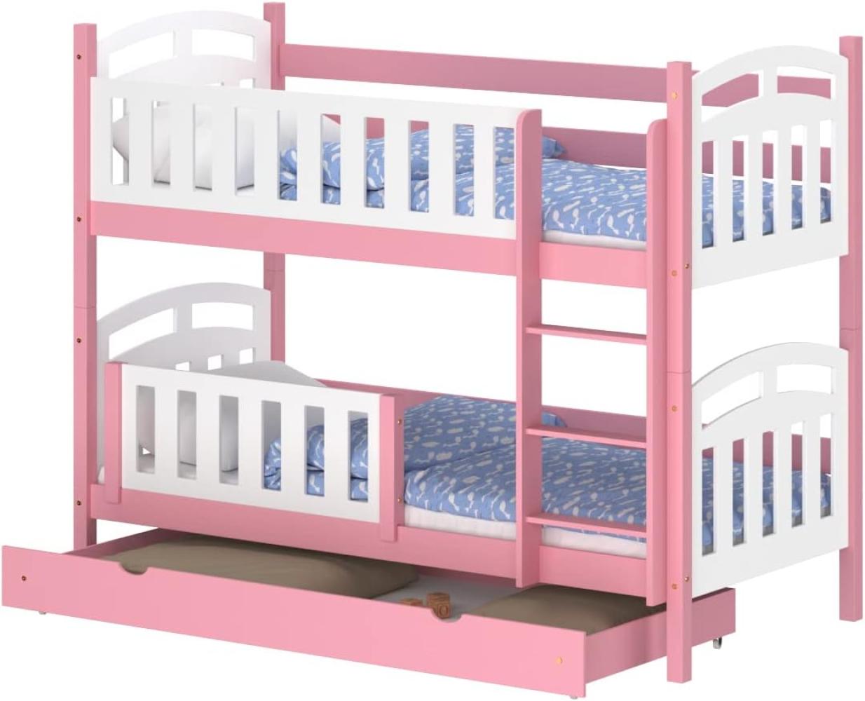 WNM Group Hochbett mit Rausfallschutz und Schublade Suzie - aus Massivholz - Hochbett Kinderbett für Mädchen und Jungen - Absturzsicherung Hochbett - Kinderhochbetten 160x80 cm - Rosa Bild 1