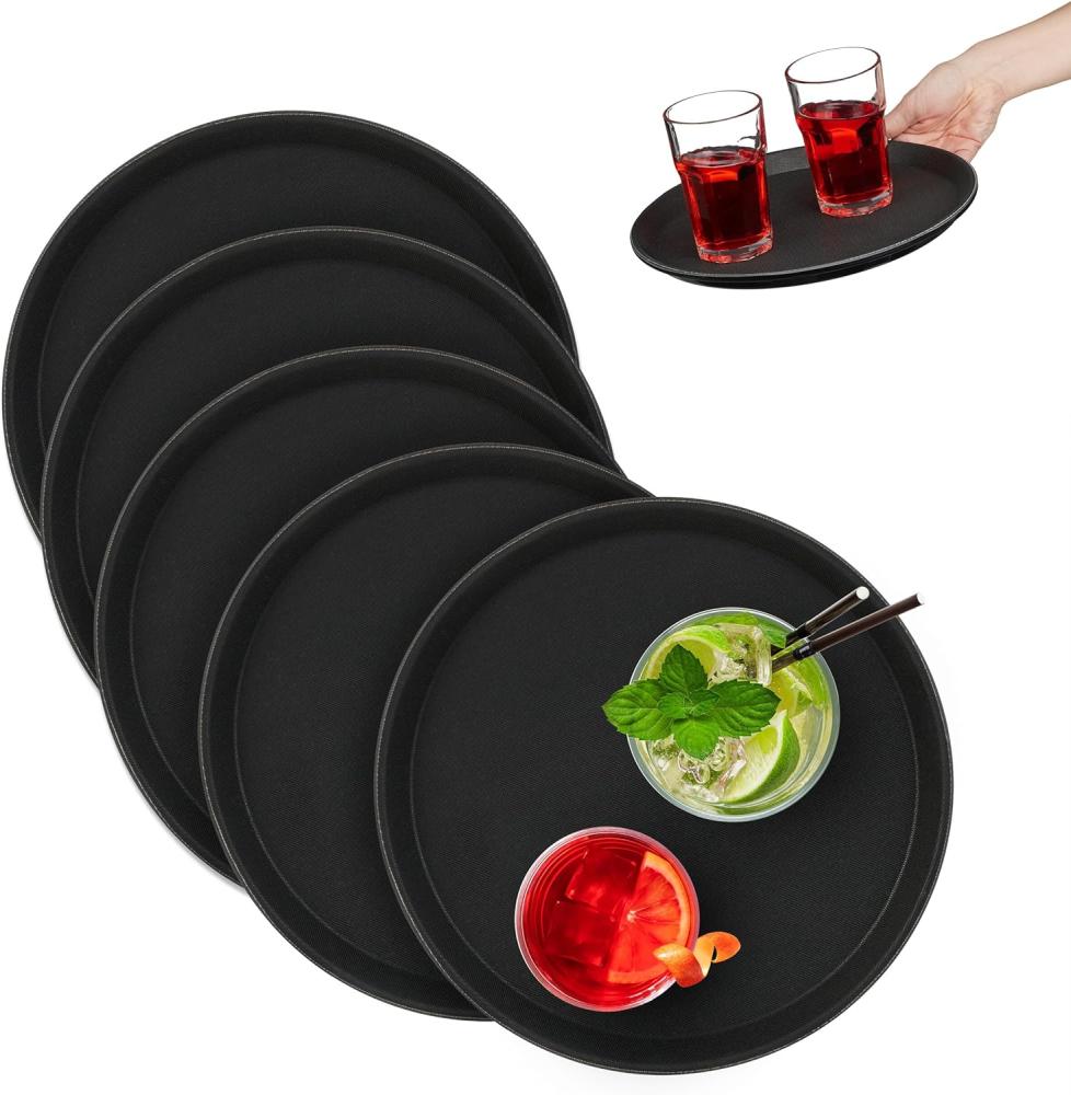 Relaxdays Serviertablett 5er Set, rutschfeste Oberfläche, rundes Kellnertablett, Getränke, Gastronomie, Ø 28 cm, schwarz Bild 1