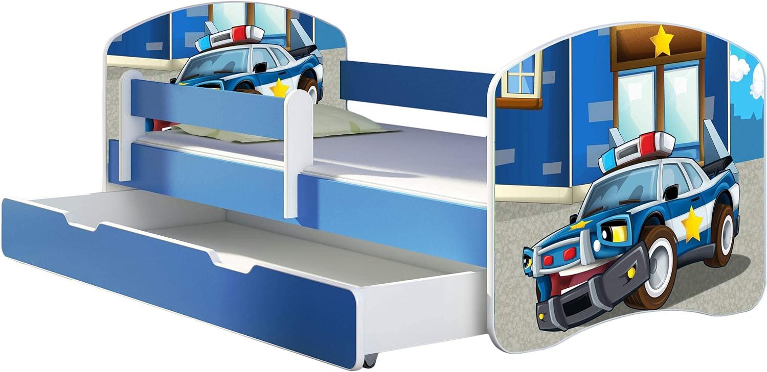 ACMA Kinderbett Jugendbett mit Einer Schublade und Matratze Blau mit Rausfallschutz Lattenrost II 140x70 160x80 180x80 (38 Polizei, 140x70 + Bettkasten) Bild 1