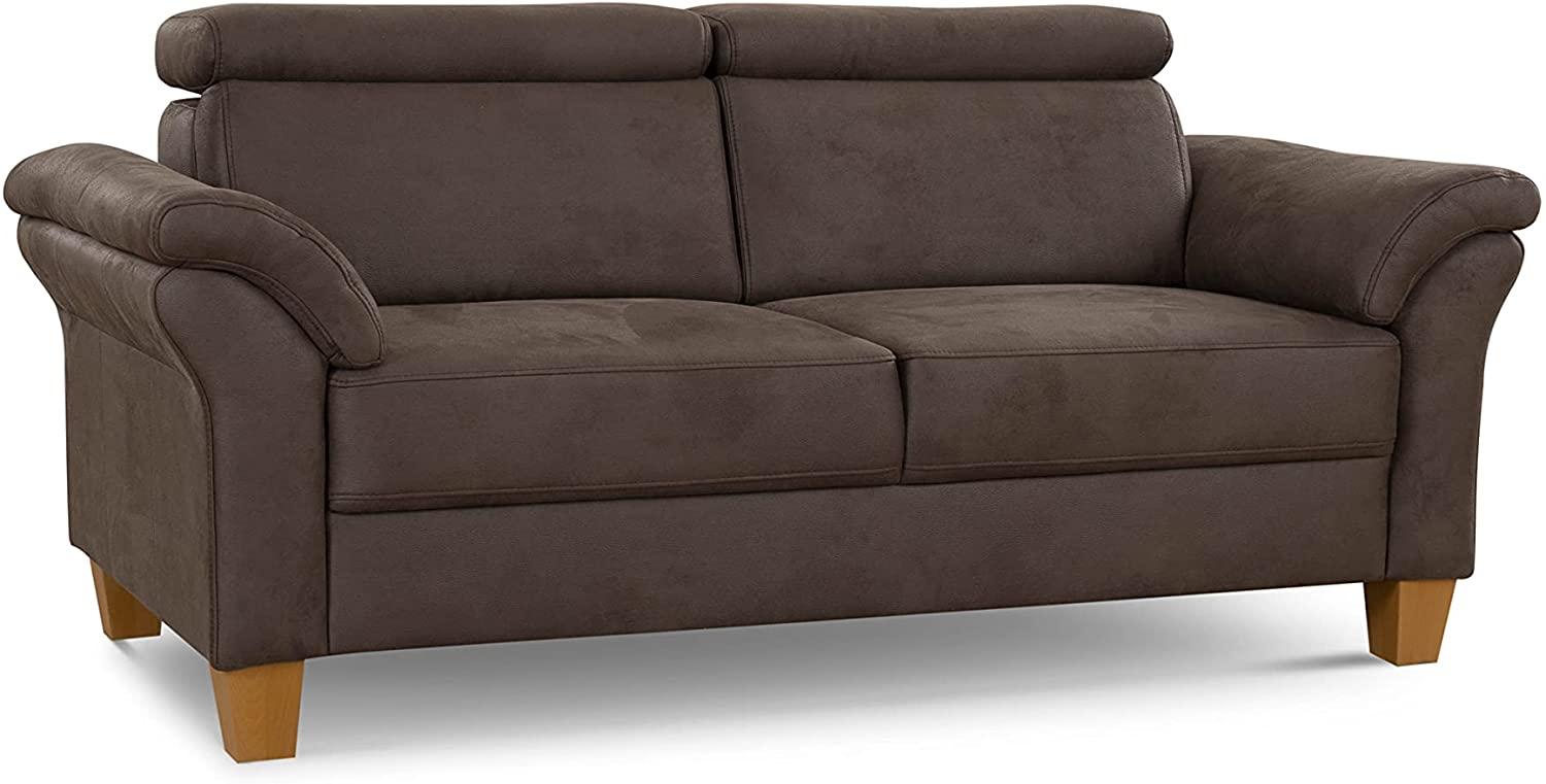 Cavadore 3-Sitzer-Sofa Ammerland / 3er-Couch im Landhausstil mit Federkern + verstellbaren Kopfstützen / 186 x 84 x 93 / Wildlederoptik, Braun Bild 1