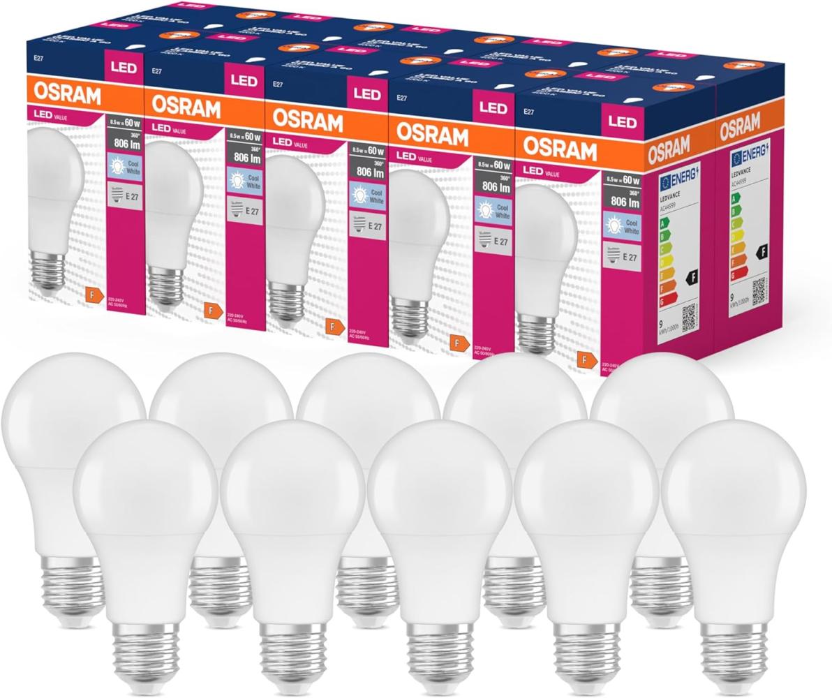 OSRAM LED Star Value Classic A60 LED Lampe für E27 Sockel, Birnenform, FR, 806 Lumen, kaltweiß (4000K), Ersatz für herkömmliche 60W Glühbirnen, nicht dimmbar, 10er-Pack Bild 1