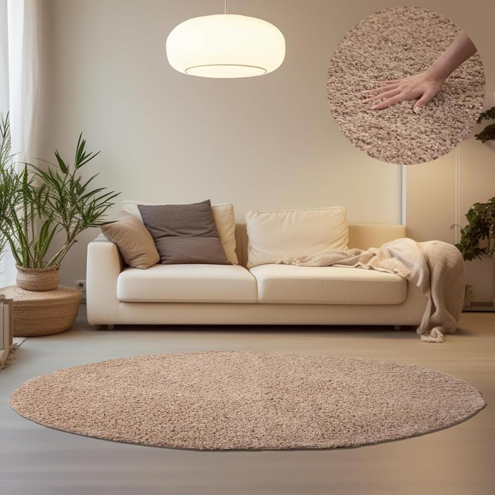 HomebyHome Hochflor Runder Teppich 160 cm Rund Einfarbig Beige Teppich Langflor Shaggy Modern Teppich für Wohnzimmer, Schlafzimmer, Pflegeleicht Flauschig Weich Rund Großer Teppich Bild 1