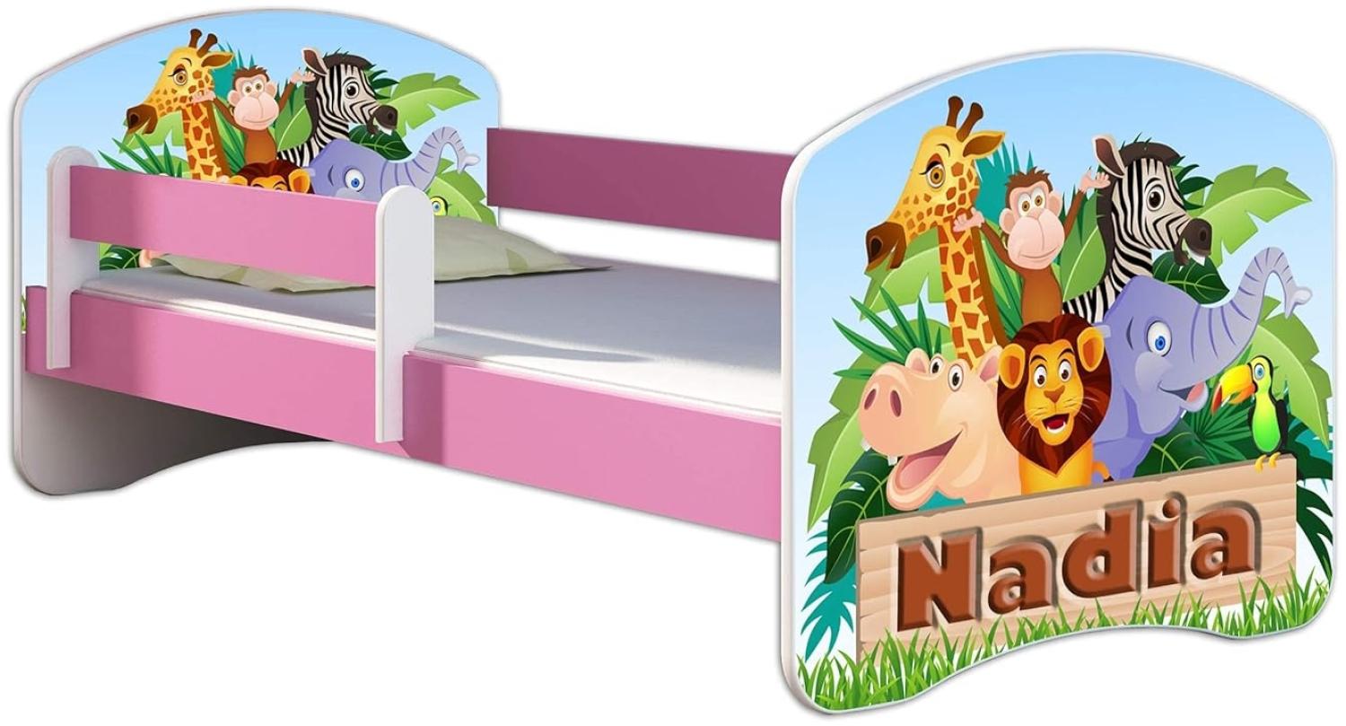 Kinderbett Jugendbett mit einer Schublade und Matratze Rausfallschutz Rosa 70 x 140 80 x 160 80 x 180 ACMA II (02N Animals name, 80 x 180 cm) Bild 1