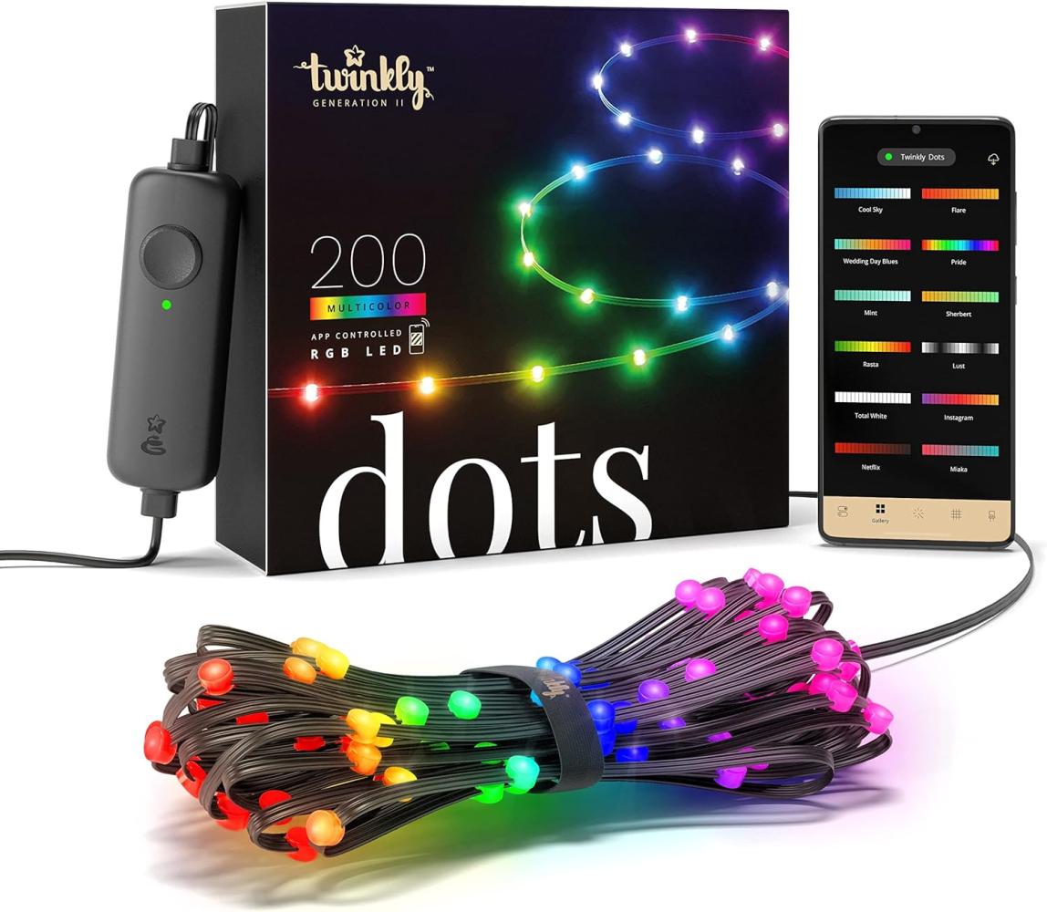 Twinkly Dots 10m, Flexibler RGB-LED-Streifen, für Drinnen und Draußen, Kompatibel mit Home Kit, Alexa LED und Google Home, IP44, Über 16 Mio. Farben, App-Steuerung, Schwarzes Kabel, 200 LED-Lichter Bild 1