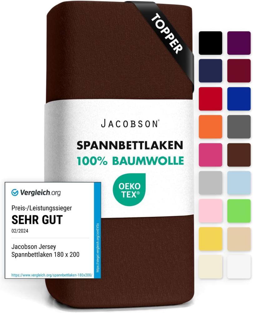 Jacobson Jersey Spannbettlaken Spannbetttuch Baumwolle Bettlaken (Topper 180-200x200 cm, Schokobraun) Bild 1