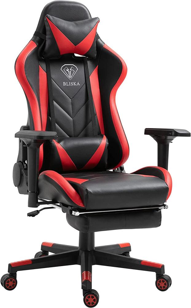 Gaming Stuhl mit Fußstütze und ergonomsichen 4D-Armlehnen gaming chair in ergonomischer Sportsitz Optik Gamer Stuhl mit verstellbaren Rückenstützkissen Bürostuhl Schwarz/Rot Bild 1