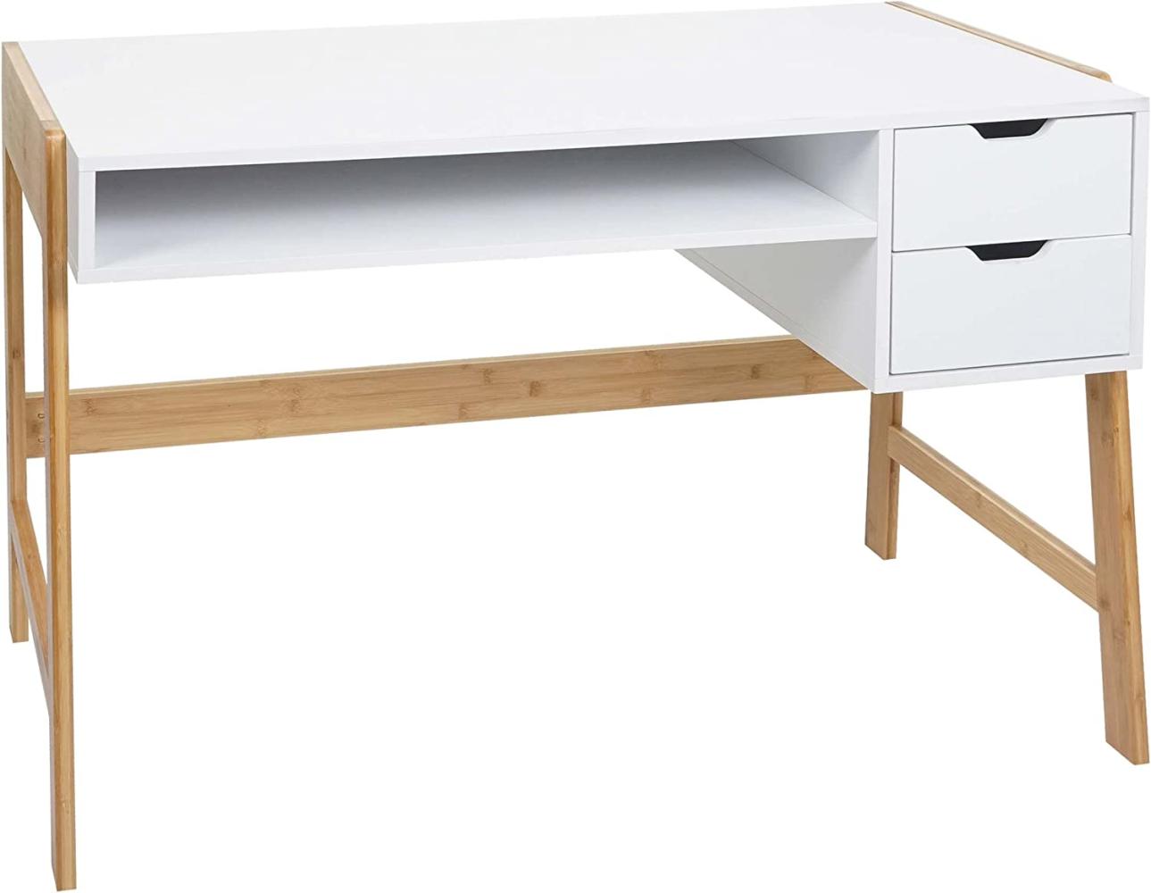 Schreibtisch HWC-K12, Bürotisch Computertisch Arbeitstisch, Schublade, Bambus 76x115x58cm ~ weiß Bild 1