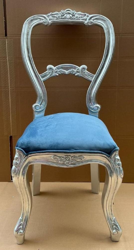 Casa Padrino Luxus Barock Damen Stuhl Blau / Silber - Handgefertigter Barockstil Schminktisch Stuhl - Luxus Schlafzimmer Möbel im Barockstil - Barock Möbel - Edel & Prunkvoll Bild 1