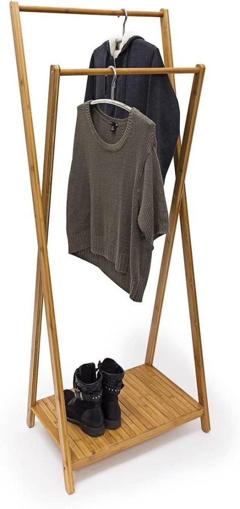 Relaxdays Kleiderständer Bambus H x B x T: 156 x 56,5 x 40 cm stabiler Garderobenständer aus Bambus mit 1 Ablagefläche im originellen gekreuzten Design als Schuhablage für Flur und Diele, natur Bild 1