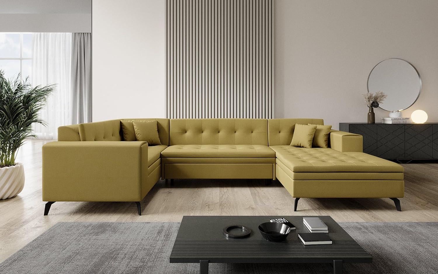 Designer Sofa Neola mit Schlaffunktion Stoff Senf Rechts Bild 1
