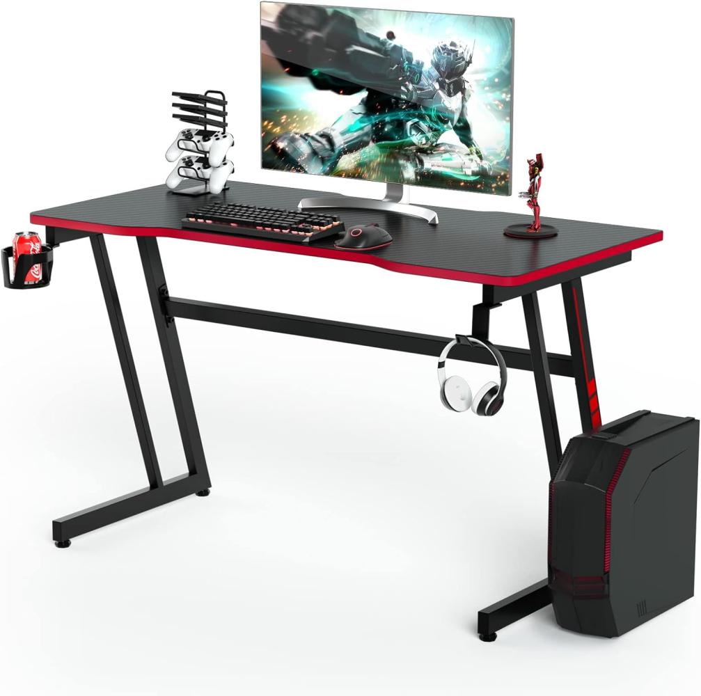 COSTWAY 120cm Gaming Tisch Z-förmig, Computertisch mit Getränkehalter, Kopfhörerhaken, Gamepad-Halterung, Ergonomischer Schreibtisch, Arbeitstisch Büro PC-Tisch (Schwarz-Rot) Bild 1