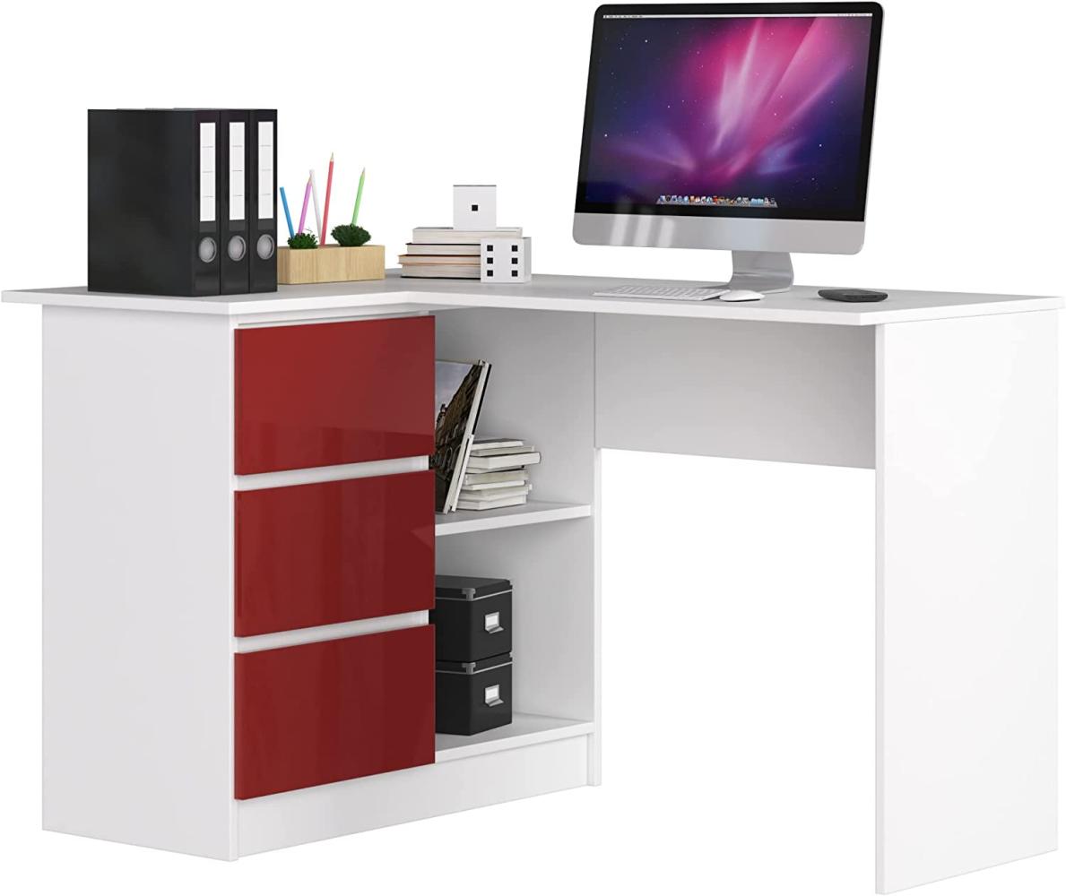 AKORD Eck-Schreibtisch B-16 mit 3 Schubladen und 2 Ablagen | Schreibtisch | ecktisch | Eck Schreibtisch für Home Office | Einfache Montage | B124 x H77 x T85, 48 kg Weiß/Rot Glänzend Bild 1