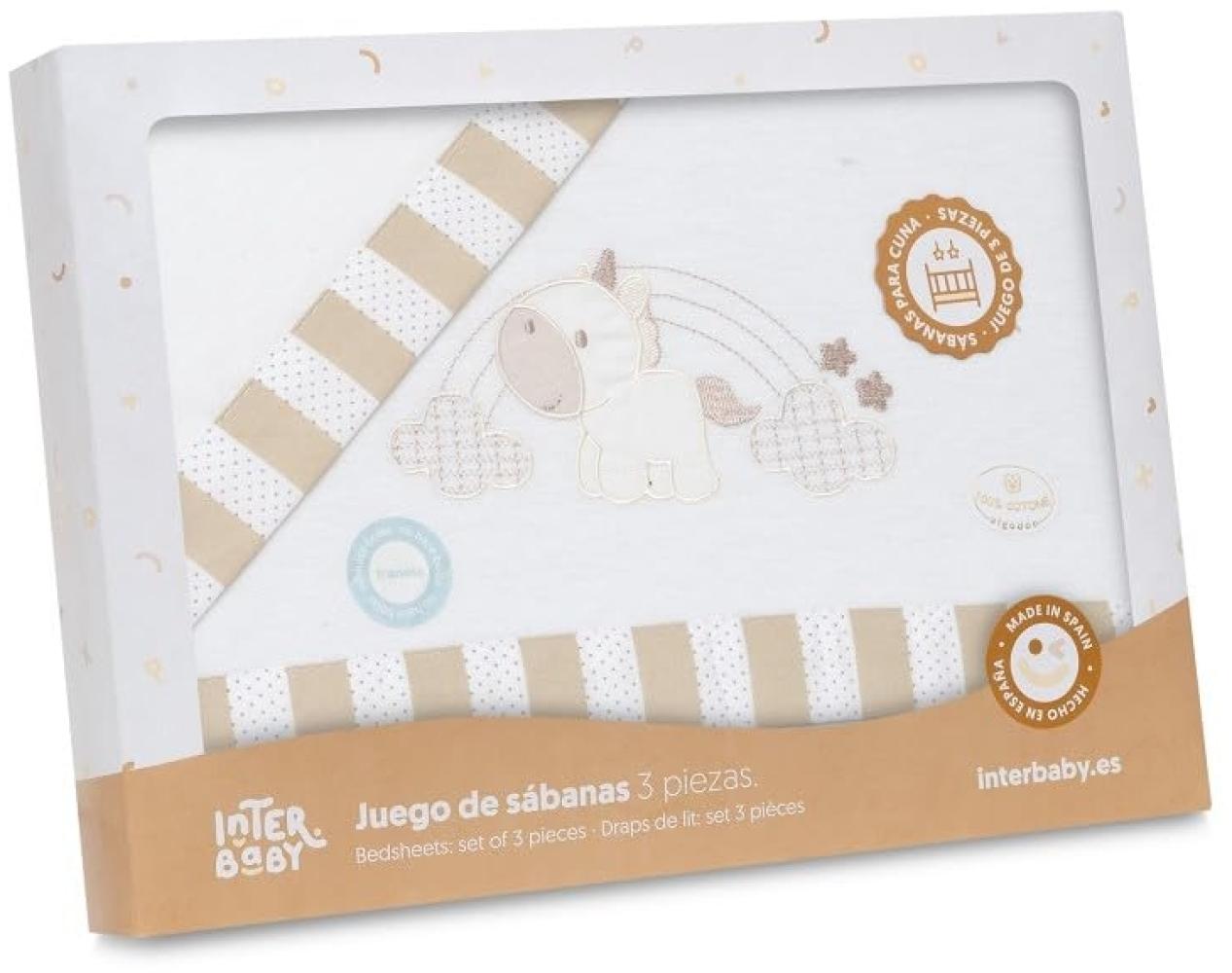 INTERBABY · Flanell Bettlaken-Set für Babybett, Unicornio Nubes" weiß beige · 100% Baumwolle · 3- Teilig Winter -Bettwäsche-Set für Babywiege Bild 1