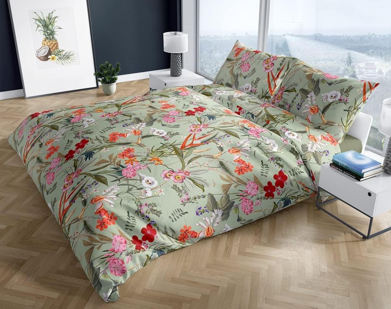 Mako Satin Bettwäsche Tropical Flowers mint 240x220 + 2x 80x80 Bild 1