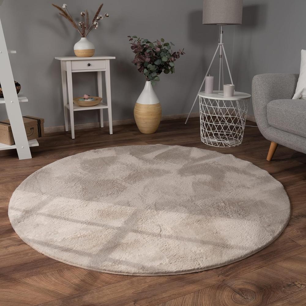 Paco Home Hochflor Teppich Wohnzimmer Flauschig Fellteppich Kunstfell Plüsch Shaggy Weich Fellimitat, Grösse:120 cm Rund, Farbe:Beige Bild 1