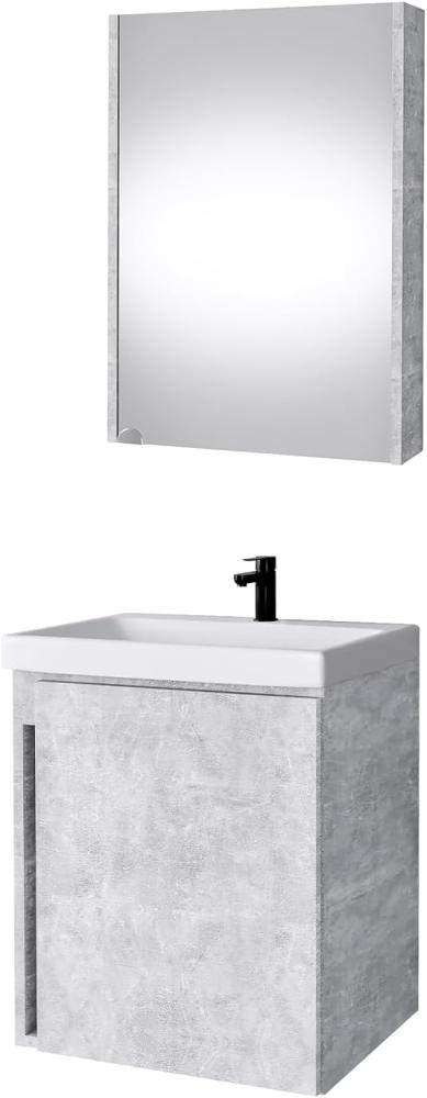 Planetmöbel Waschbeckenunterschrank mit Keramikwaschbecken & Spiegelschrank 50cm in Beton, modernes Badmöbel Set für Badezimmer WC Bild 1