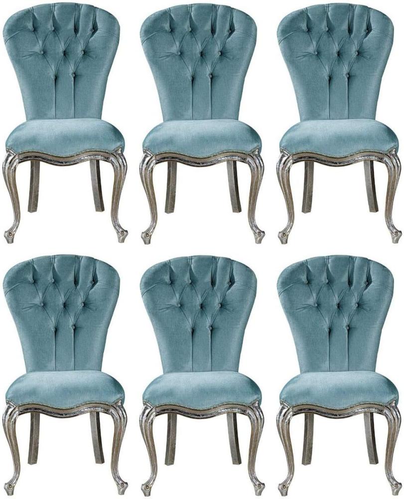 Casa Padrino Luxus Barock Esszimmer Stuhl Set Hellblau / Silber 55 x 55 x H. 107 cm - Küchen Stühle 6er Set - Edle Barock Esszimmer Möbel Bild 1