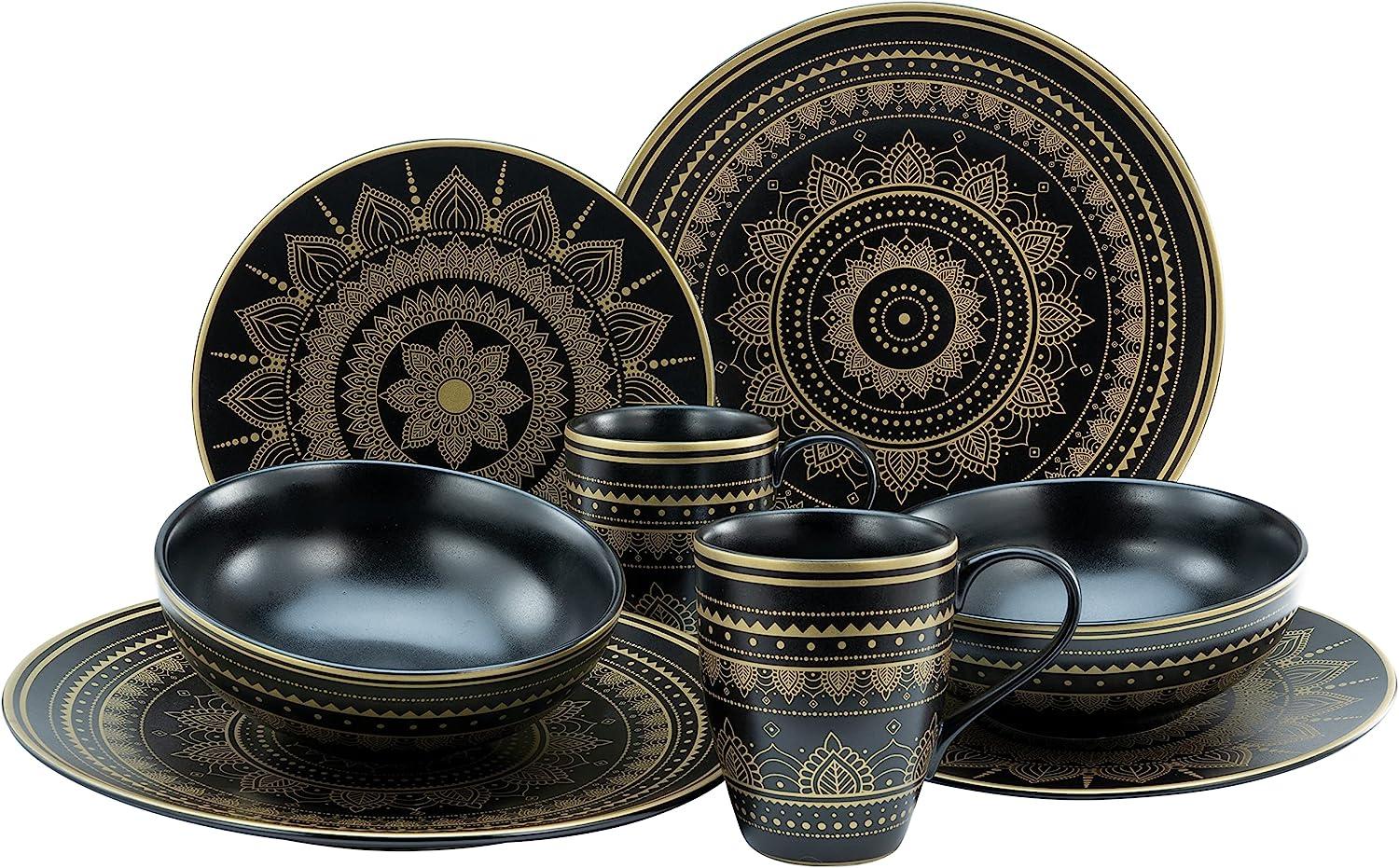 CreaTable 23587 Kombiservice Mandala für 2 Personen, Steinzeug, schwarz/gold (1 Set, 8-teilig) Bild 1