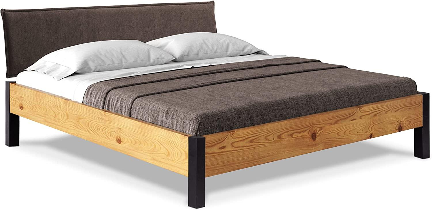 Möbel-Eins CURBY Bett Metallfuß, mit Polsterkopfteil, Material Massivholz, rustikale Altholzoptik, Fichte natur 120 x 200 cm Stoff Braun ohne Steppung Bild 1