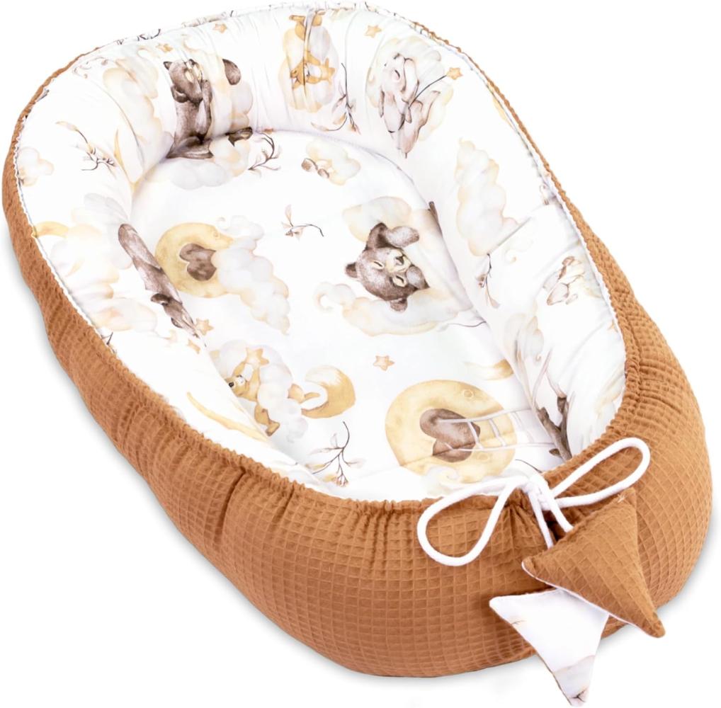 Babynest Neugeborene Nestchen Baby 90x50 cm - Kokon Handmade zweiseitig aus Baumwolle Waffel mit Babynestchen Schlummer Bär Hellbraun Bild 1