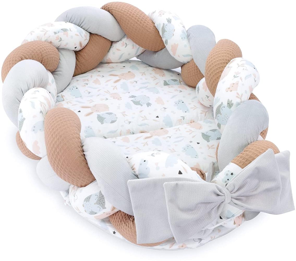 Babynest Neugeborene Nestchen Baby – Velvet Kuschelnest mit Zopf Kissen zerlegbares Set zweiseitig Babynestchen Babybett 75X45, Eulen Bild 1