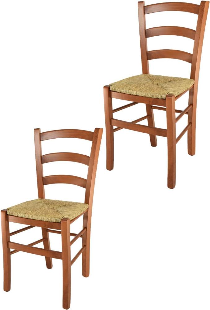 Tommychairs - 2er Set Stühle Venice für Küche und Esszimmer, robuste Struktur aus lackiertem Buchenholz im Farbton Kirschholz und Sitzfläche aus Stroh Bild 1